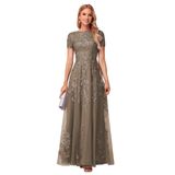 Vestido De Noite Yoff Taupe Beaded Sequin Long Mother Bride