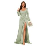 Vestido De Dama De Honra Dessiny, Mangas Compridas, Decote Em V, Cetim, Empoeirado, Sálvia