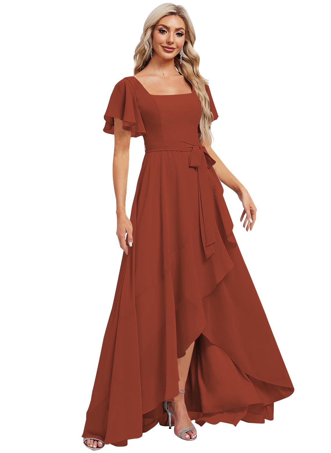 Vestido De Dama De Honra Monvelli Flowy Chiffon Empire Waist Rust