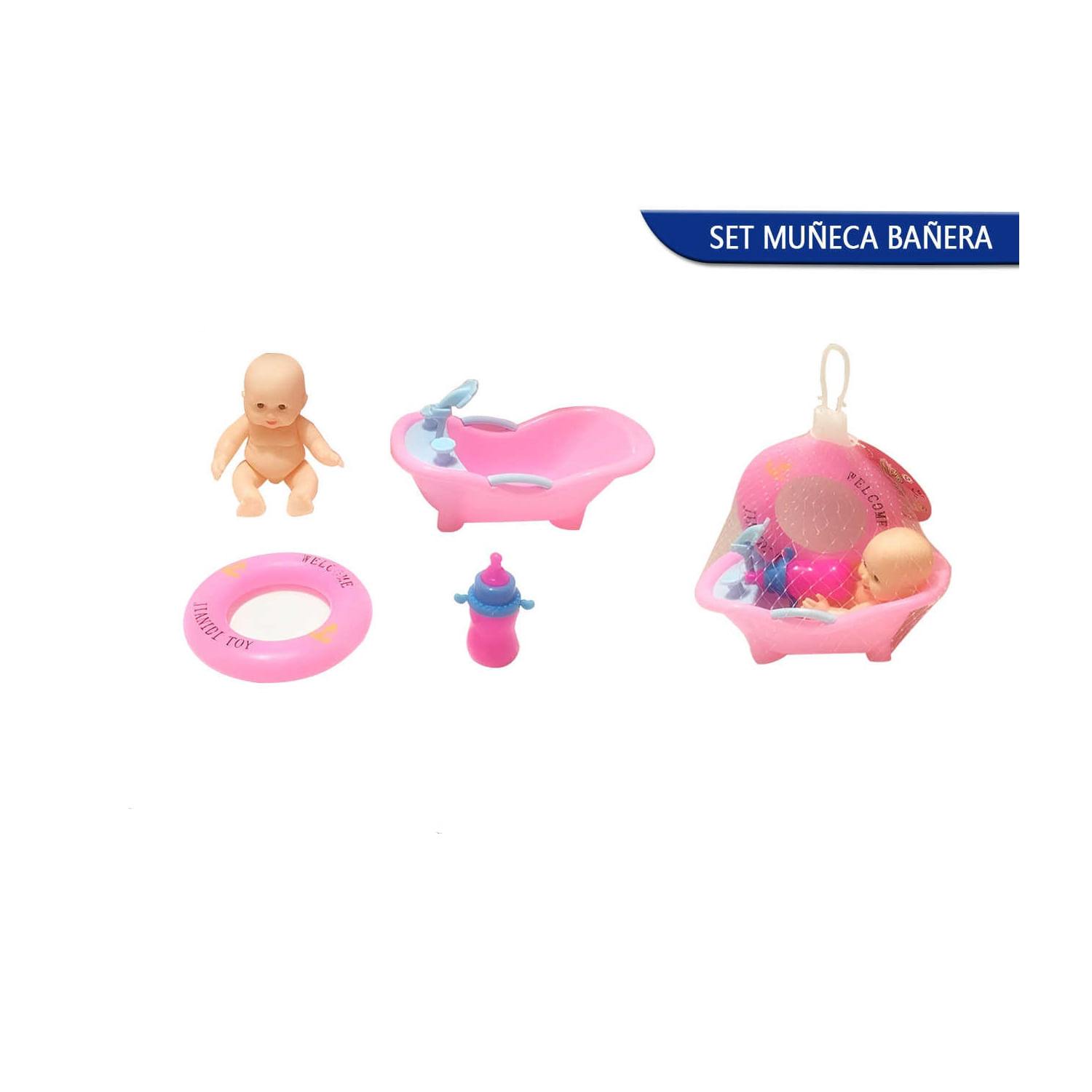 Brinquedo De Bebê Para Meninas Lindo Bebé Com Banheira, Mamadeira E Bóia