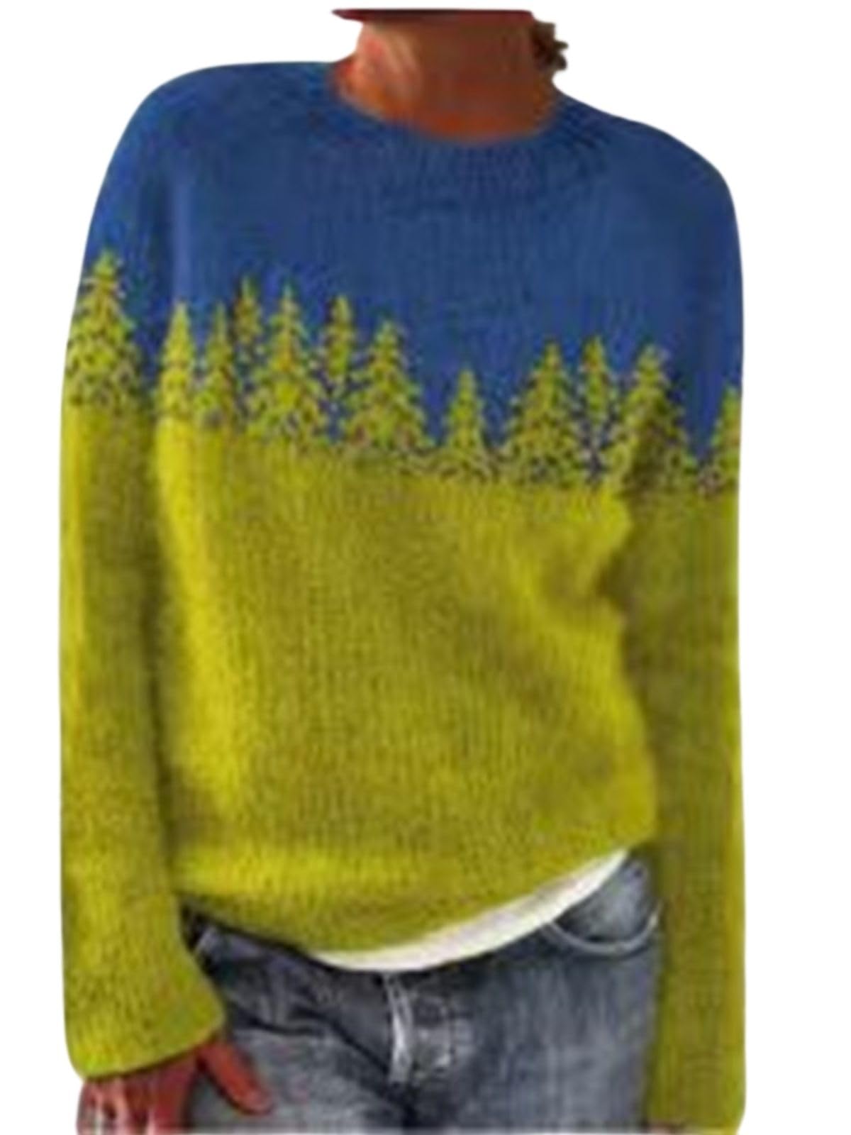 Suéter Feminino Dmoyala Fair Isle Tree, Pulôver Cortado Amarelo