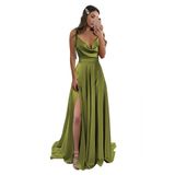 Vestido De Dama De Honra Monvelli Verde Oliva Acetinado Longo Com Fenda