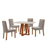 Conjunto Sala De Jantar Mesa Floripa 120x80cm Off White Com 4 Cadeiras Dallas Veludo Cinza
