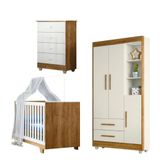 Quarto Bebê C- Berço Mini Cama,guarda Roupa,cômoda E Colchão Branco-amadeirado