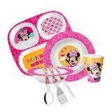 Kit Refeição Infantil Minnie 7 Peças Pratos, Tigela, Copo Melamina E Talheres Inox - Tuut