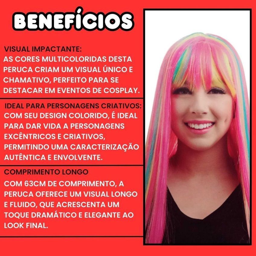 Peruca Longa Lucy Multicolorido Para Cosplay - 63cm - imagem 3