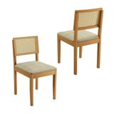 Conjunto 2 Cadeiras De Jantar Jade 03 Em Madeira Maciça Jcm E Encosto Rattan E Linho Bege