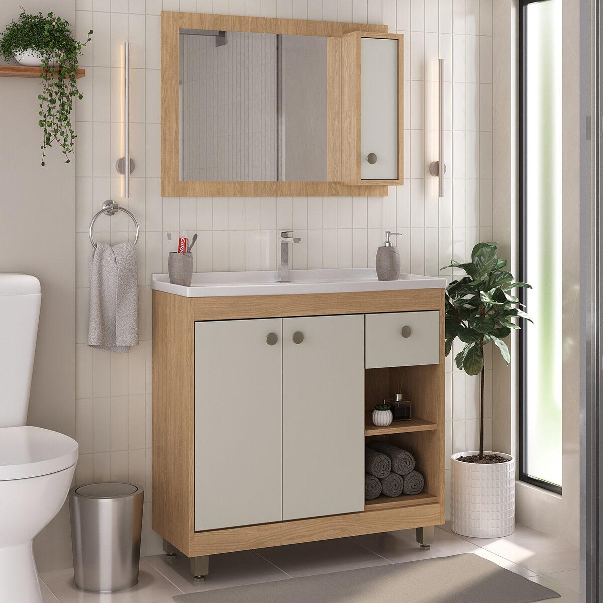 Gabinete De Banheiro Com Cuba E Espelheira 80cm Multimóveis Cr10134 Carvalho Nature/arenas