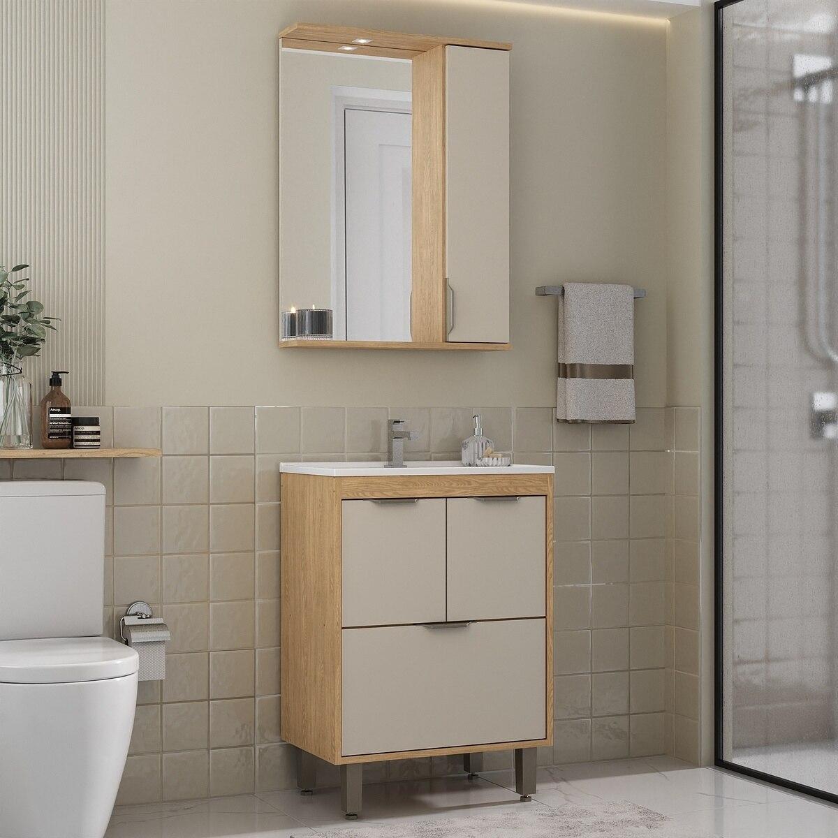 Gabinete De Banheiro Com Cuba E Espelheira Com Led 59cm Multimóveis Cr10141 Carvalho Nature/arenas