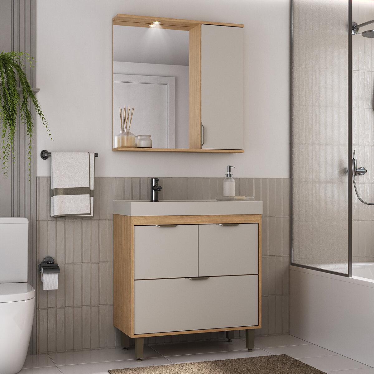 Gabinete De Banheiro Com Cuba E Espelheira Com Led 79,5cm Multimóveis Cr10139 Carvalho Nature/arenas