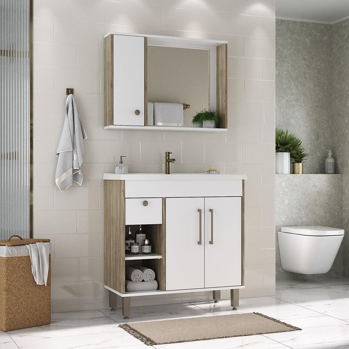 Gabinete De Banheiro Com Cuba E Espelheira 80,2cm Multimóveis Cr10136 Carvalho Cartagena/branco