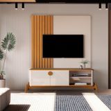 Rack Com Painel Para Tv Até 58 Polegaas Buriti Com Pés Em Madeira Maciça Off White/nature