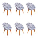 Kit 6 Poltronas Decorativa Canastra Estofada Veludo Floral Azul Pés Em Madeira Maciça