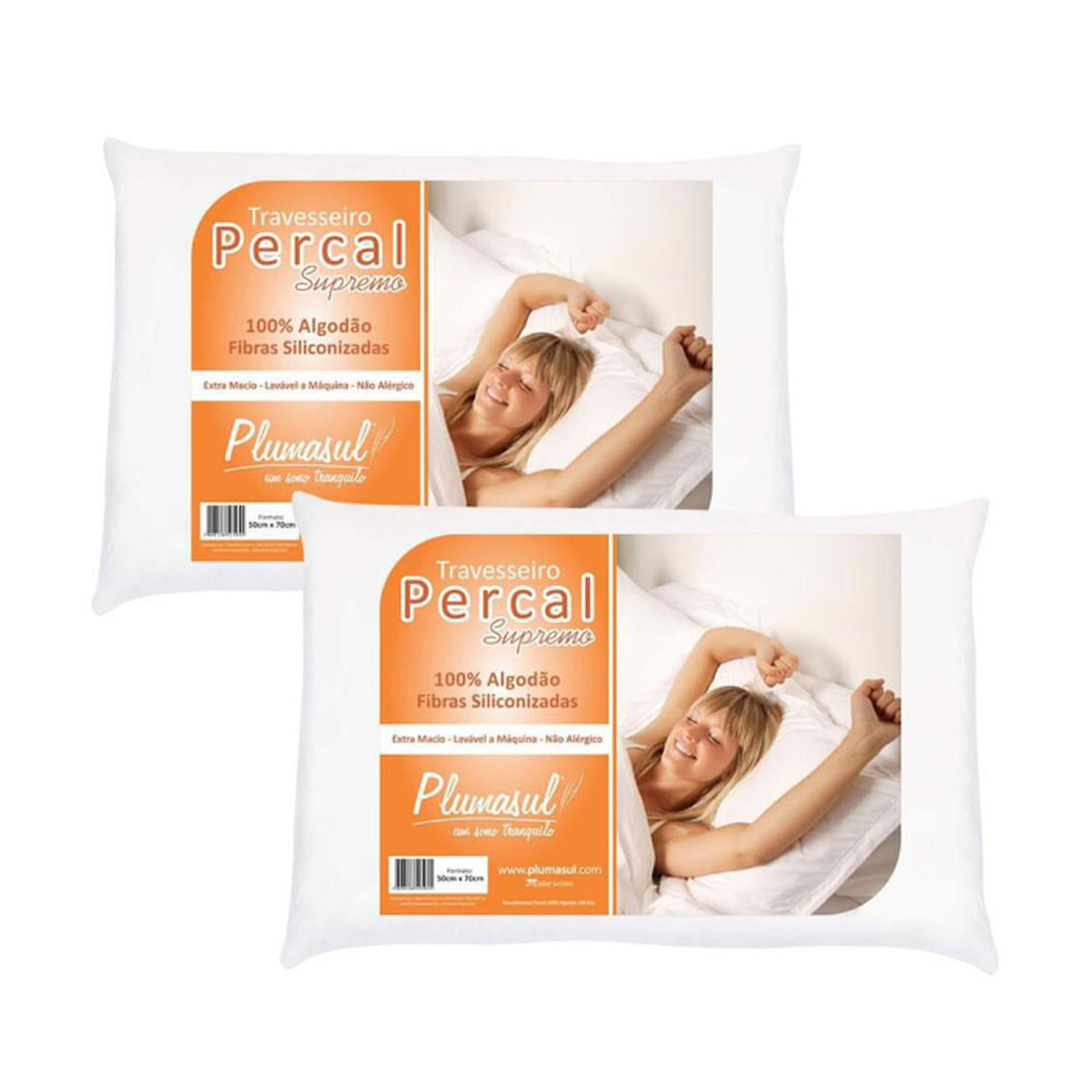 Travesseiros Fibra Siliconizada Percal 180 Fios 50 X 70 Cm 2 Uni Plumasul