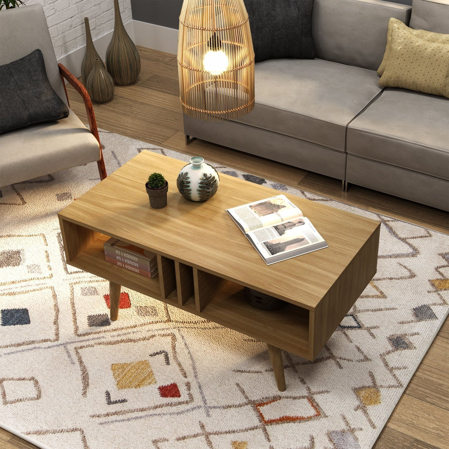 Mesa De Centro 2 Nichos Pés Palito Mc2226 Natural