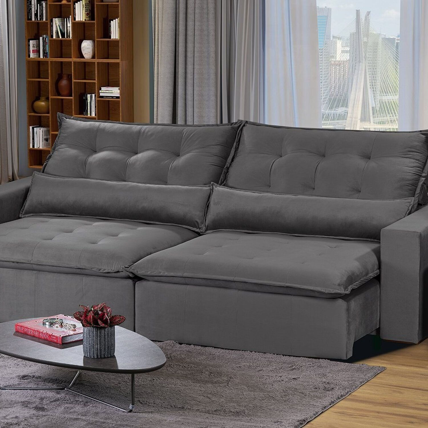 Sofá Bahia Modular 6 Lugares 290cm Com Molas Retrátil E Reclinável Cinza