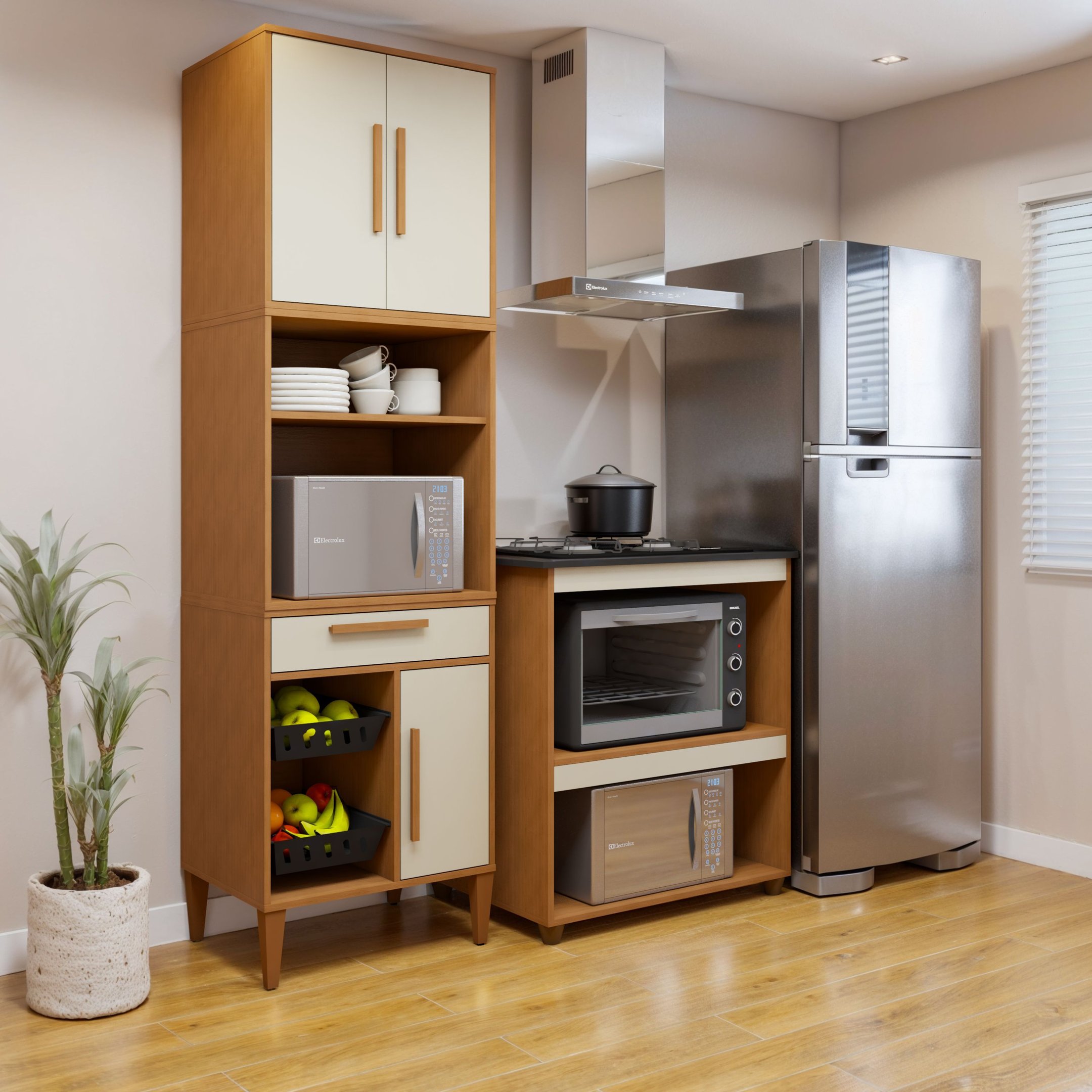 Conjunto 2 Peças Paneleiro Com Fruteira E Balcão 4 Bocas Santo Andre Nature/off White