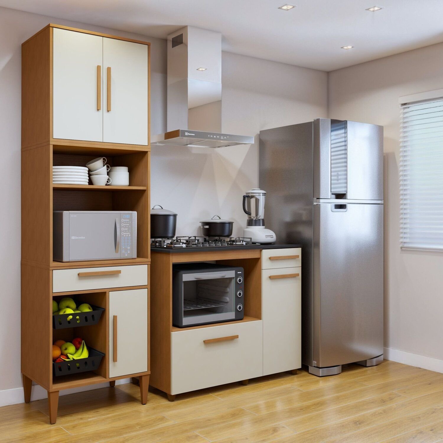 Conjunto 2 Peças Paneleiro Com Fruteira E Balcão 5 Bocas Teresinha Nature/off White