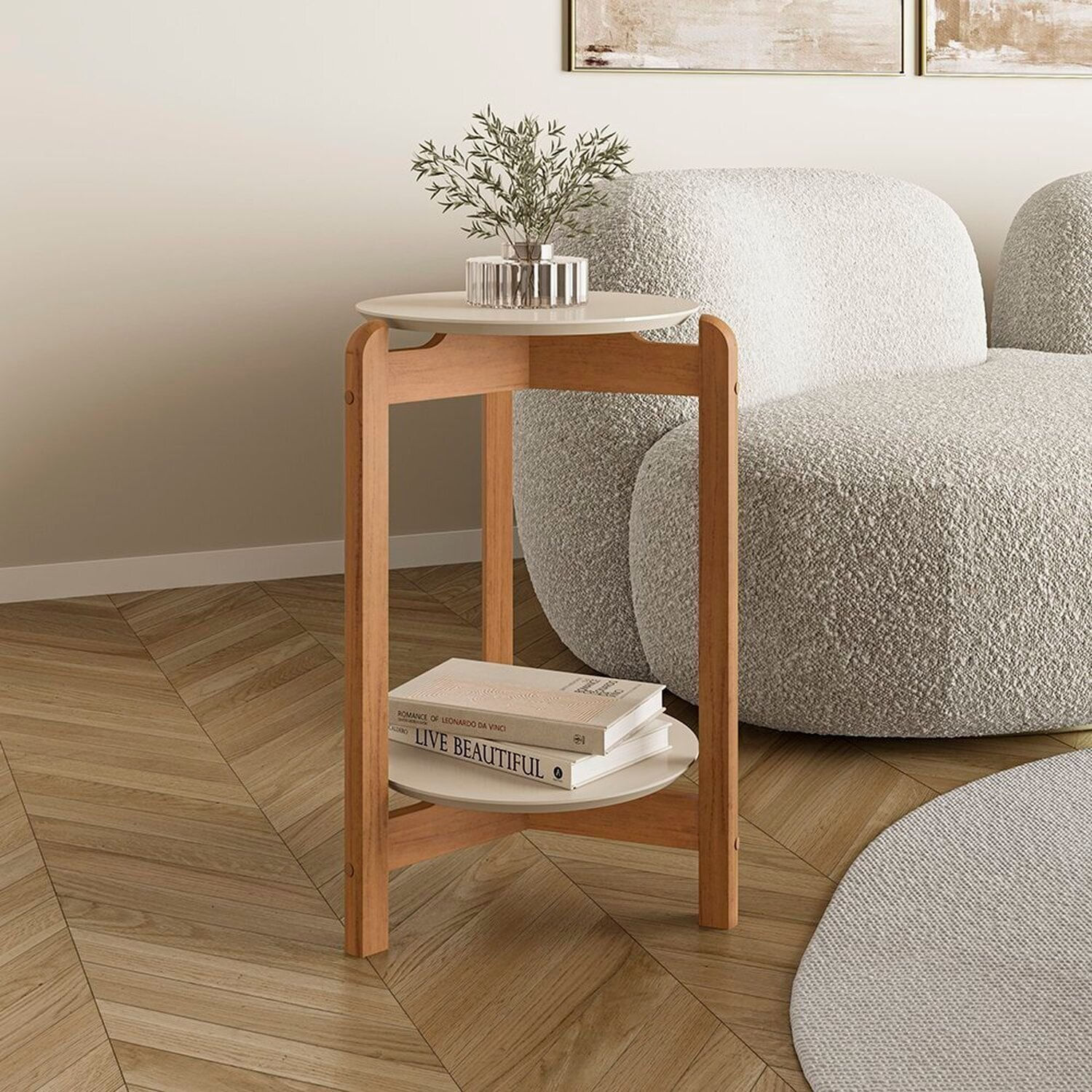 Mesa Lateral Tampo Em Mdf Com Pés De Madeira Maciça Off White/cedro