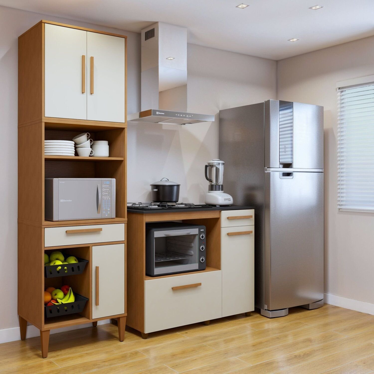 Conjunto 2 Peças Paneleiro Com Fruteira E Balcão 4 Bocas Teresinha Nature/off White