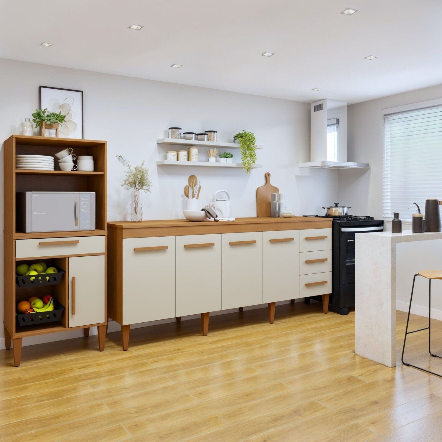 Conjunto 2 Peças Fruteira Com Nicho E Balcão 4 Portas Cuiaba Nature/off White