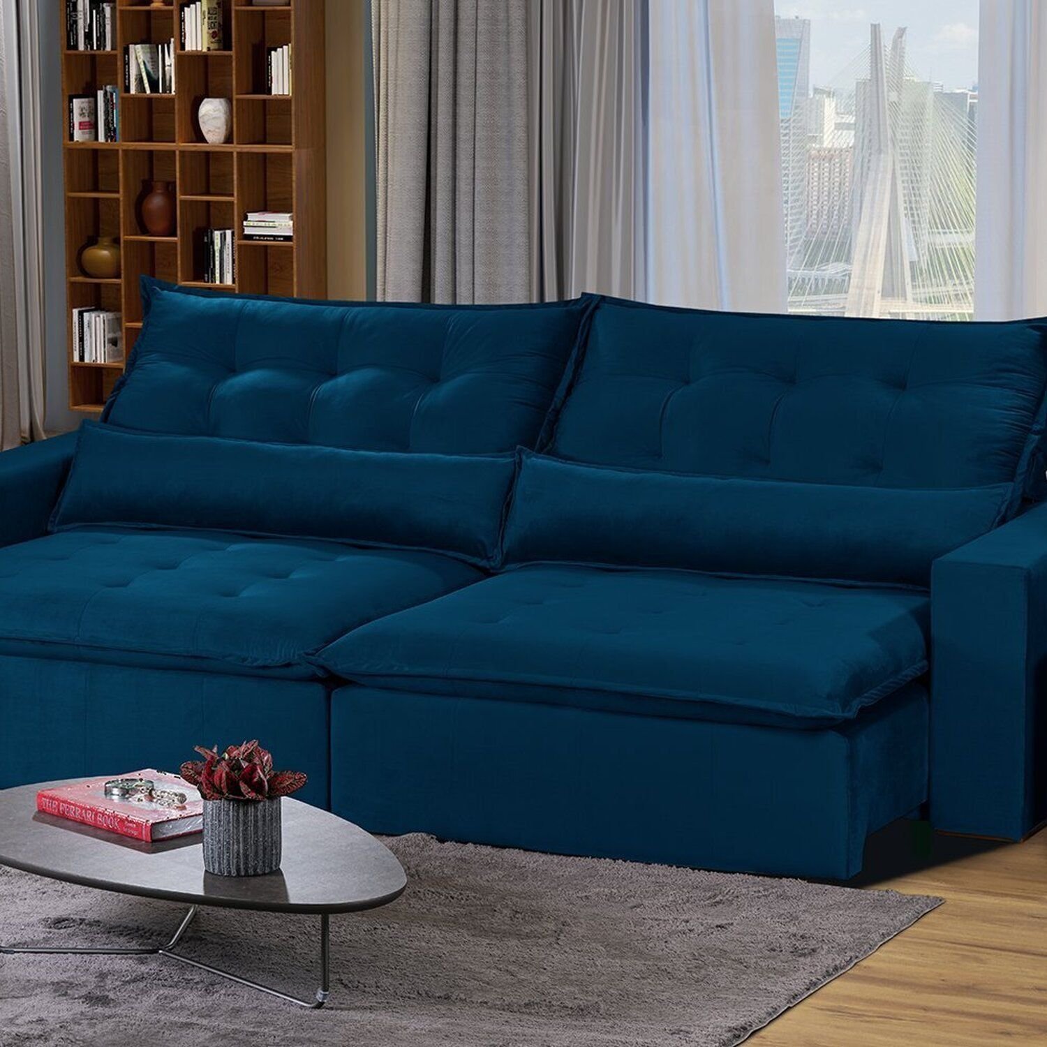 Sofá Bahia Modular 6 Lugares 290cm Com Molas Retrátil E Reclinável Azul