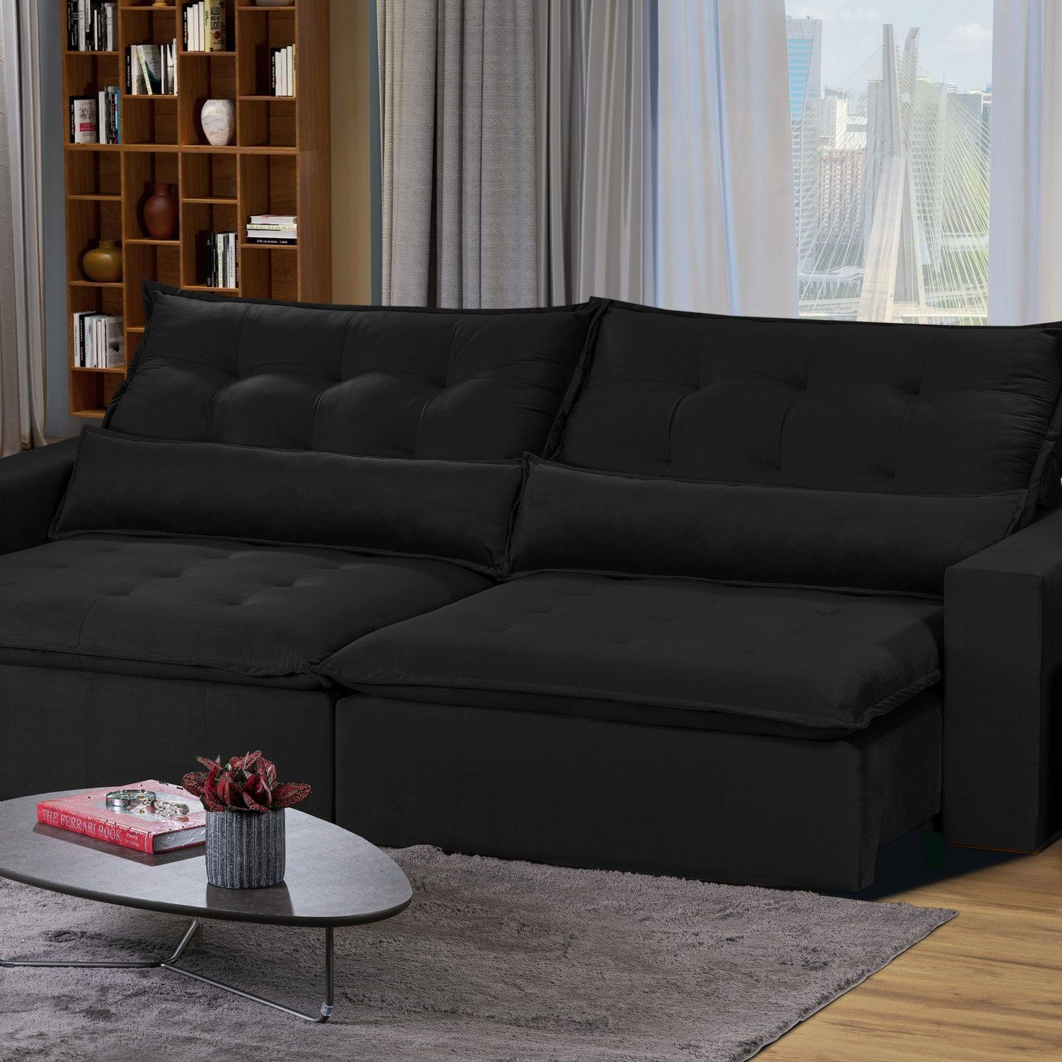 Sofá Bahia Modular 6 Lugares 290cm Com Molas Retrátil E Reclinável Preto