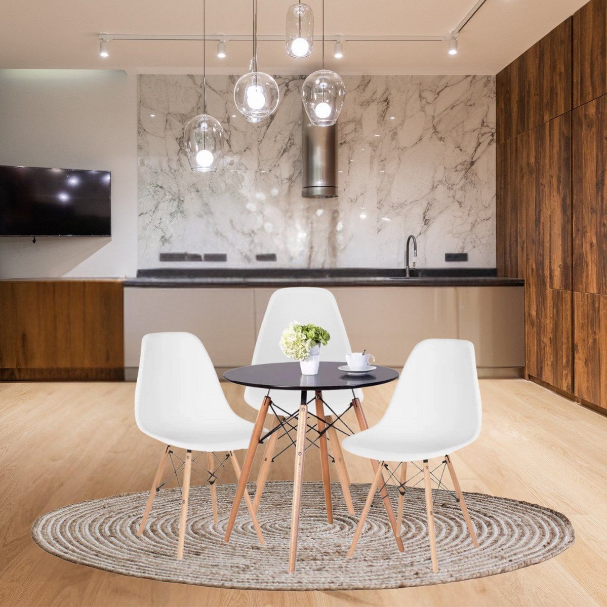 Conjunto De Mesa Redonda 80cm Com 3 Cadeiras Eiffel Preto/branco