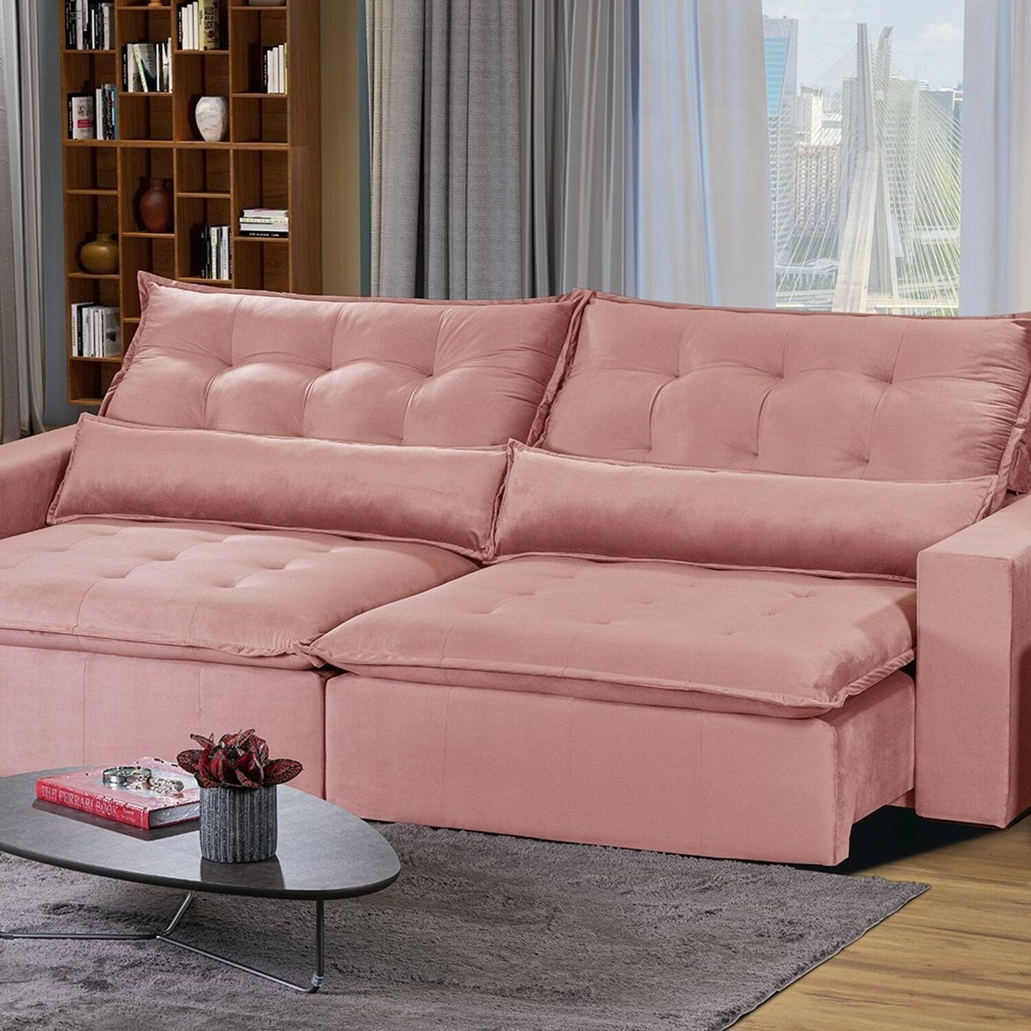 Sofá Bahia Modular 6 Lugares 290cm Com Molas Retrátil E Reclinável Rose