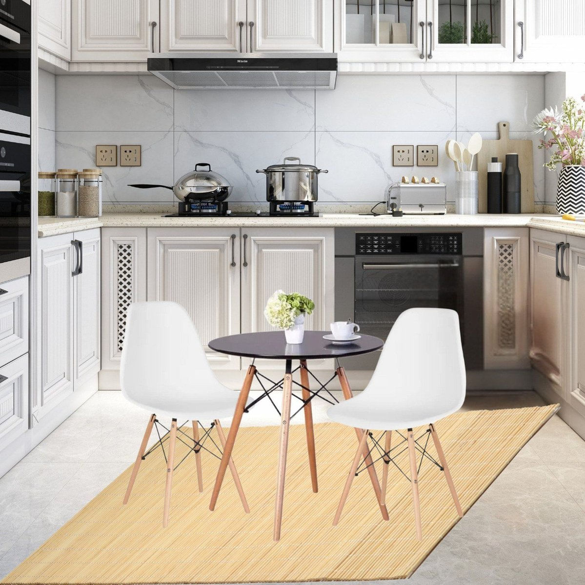 Conjunto De Mesa Redonda 80cm Com 2 Cadeiras Eiffel Branco/preto