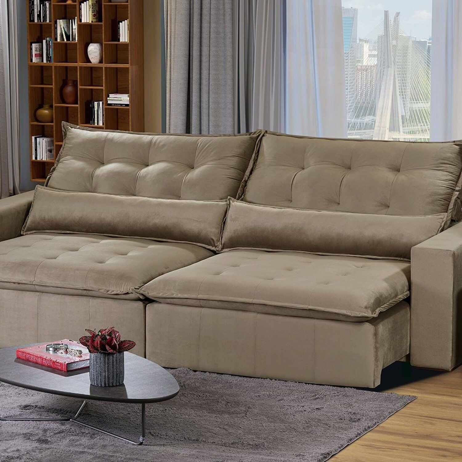 Sofá Bahia Modular 6 Lugares 290cm Com Molas Retrátil E Reclinável Bege