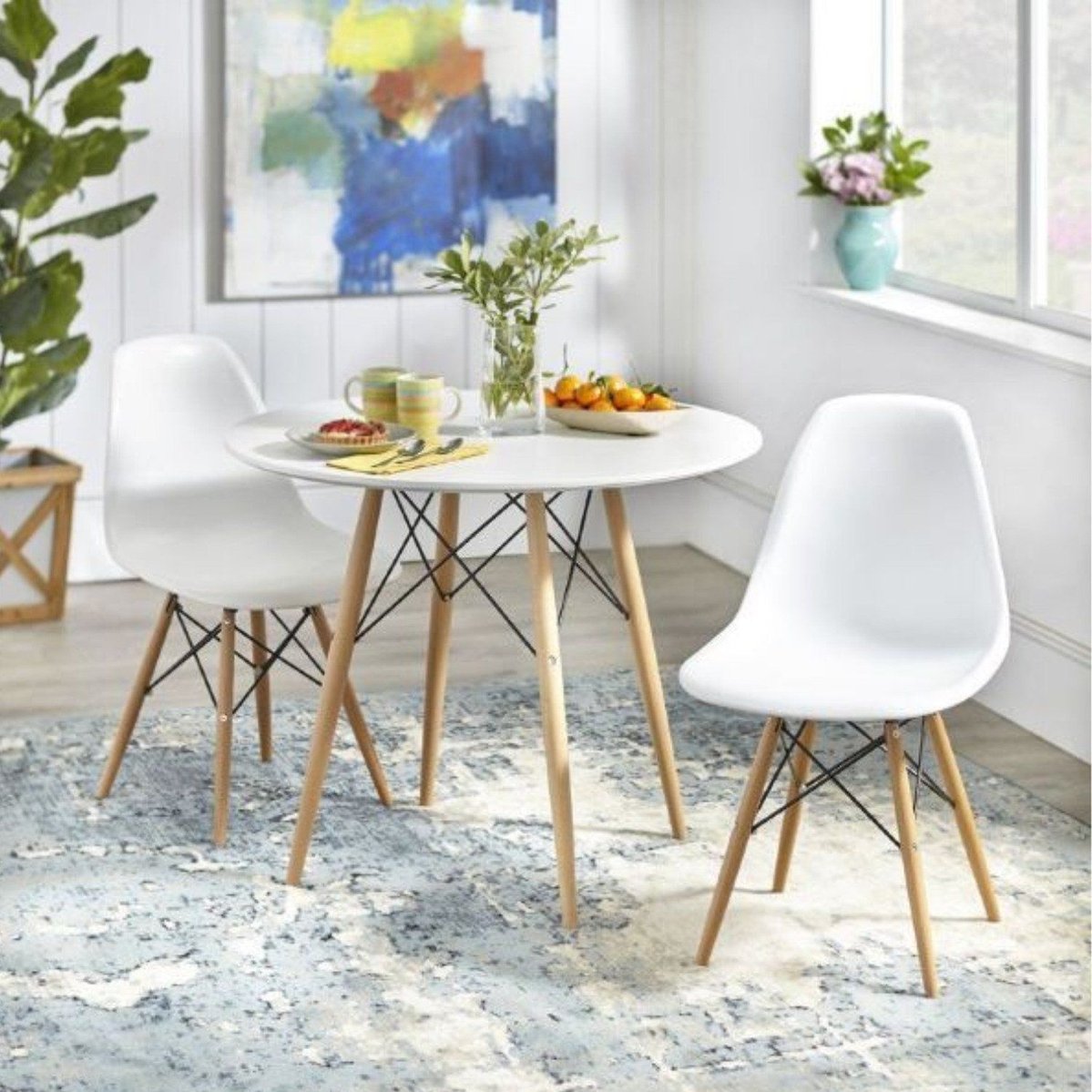 Mesa De Jantar 80cm Redonda E 2 Cadeiras Eiffel Branco