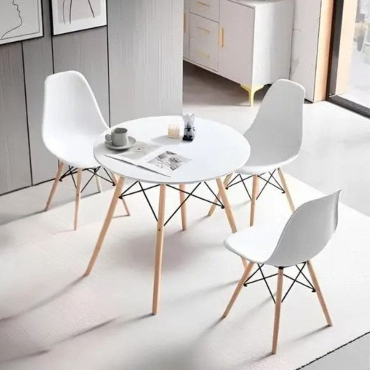 Conjunto De Mesa Redonda 80cm Com 3 Cadeiras Eiffel Branco