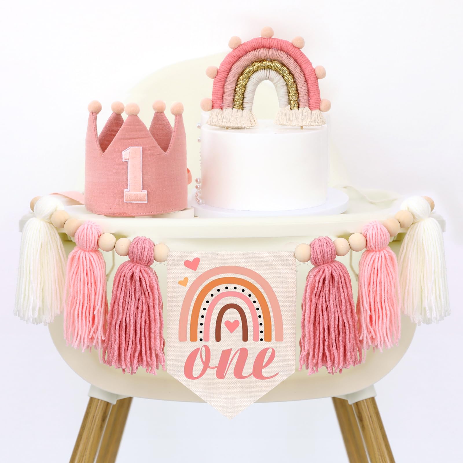 Decoração De Cadeira Alta Hodihiwi Boho 1st Birthday Pink Wood