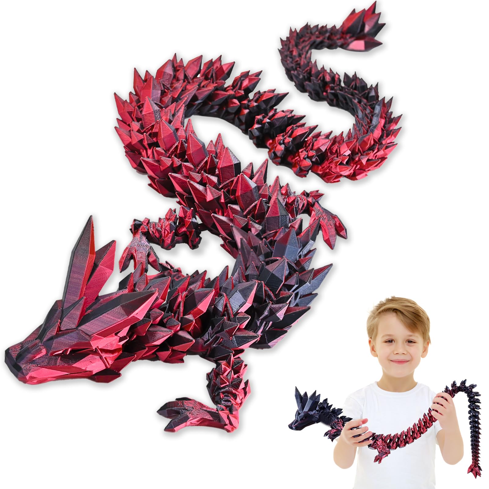 Dragão Locyfens Impresso Em 3d, Grande, 30 Cm, Articulado, Preto, Vermelho
