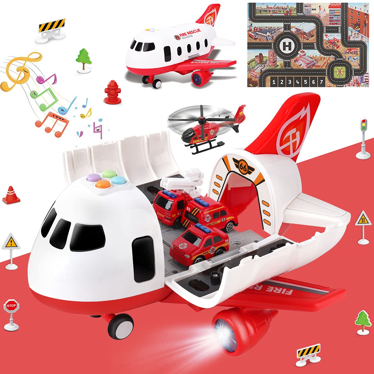 Conjunto De Brinquedos Dwi Dowellin Airplane Com Caminhões De Bombeiros E Tapete De Brincar