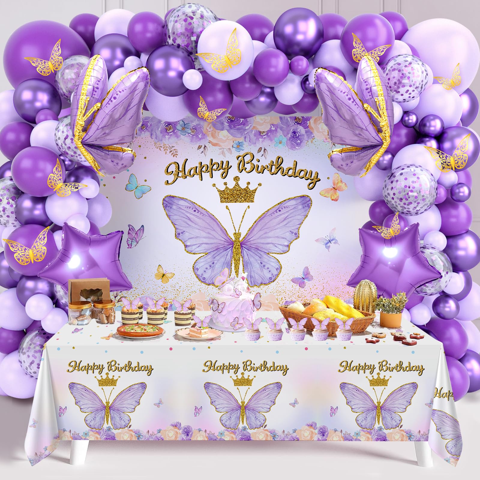 Conjunto De Decorações De Aniversário Fengrise Butterfly Girl Purple