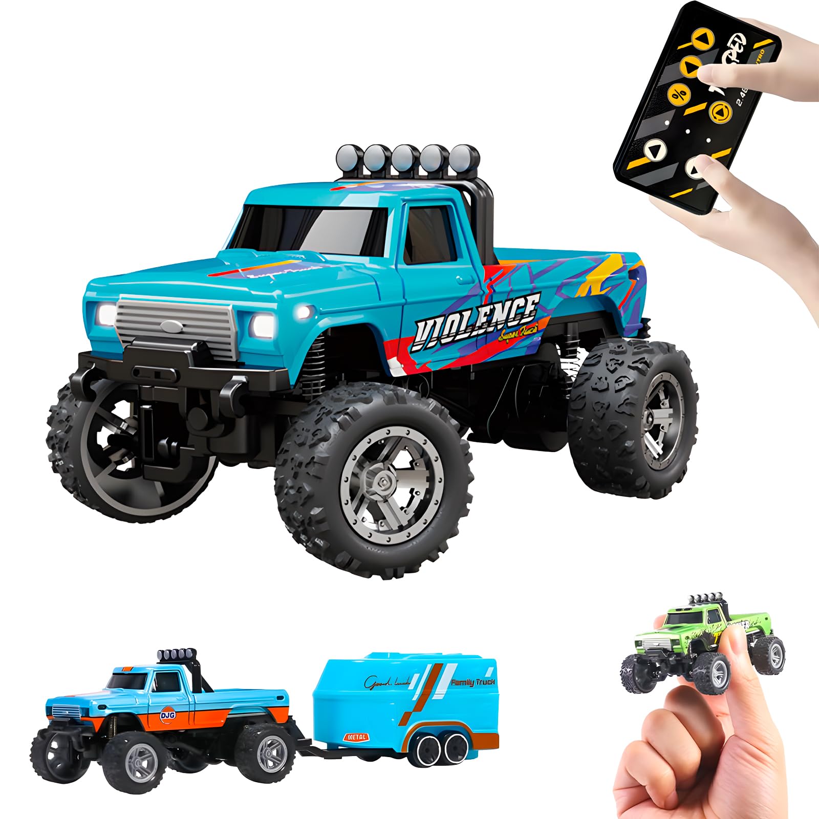 Rc Monster Truck Flashstar Mini Escala 1:64 Com Luzes Azul-b