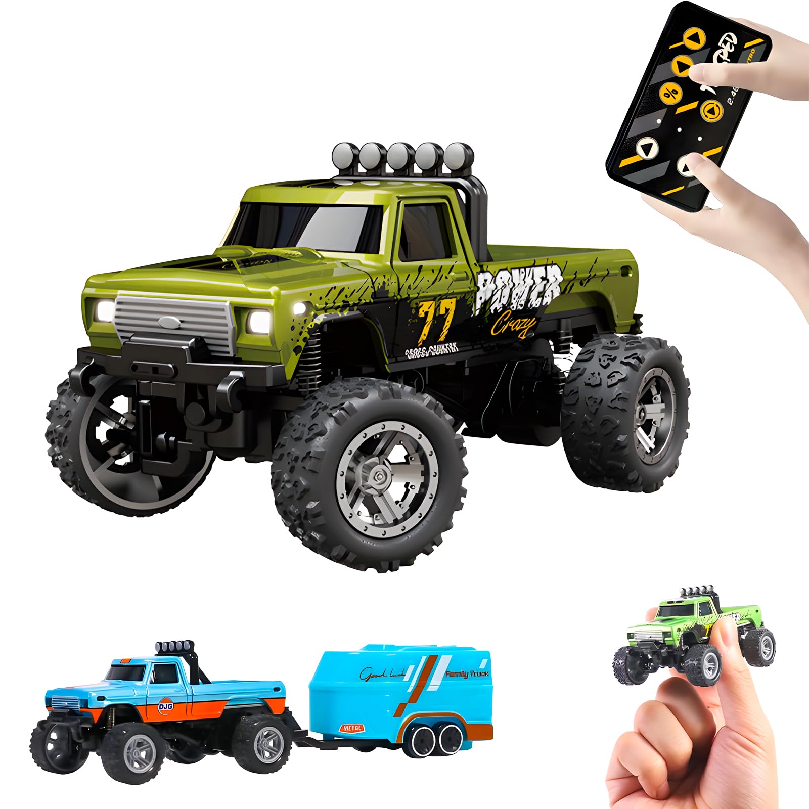 Mini Rc Monster Truck Flashstar Em Escala 1:64 Com Luzes Verdes