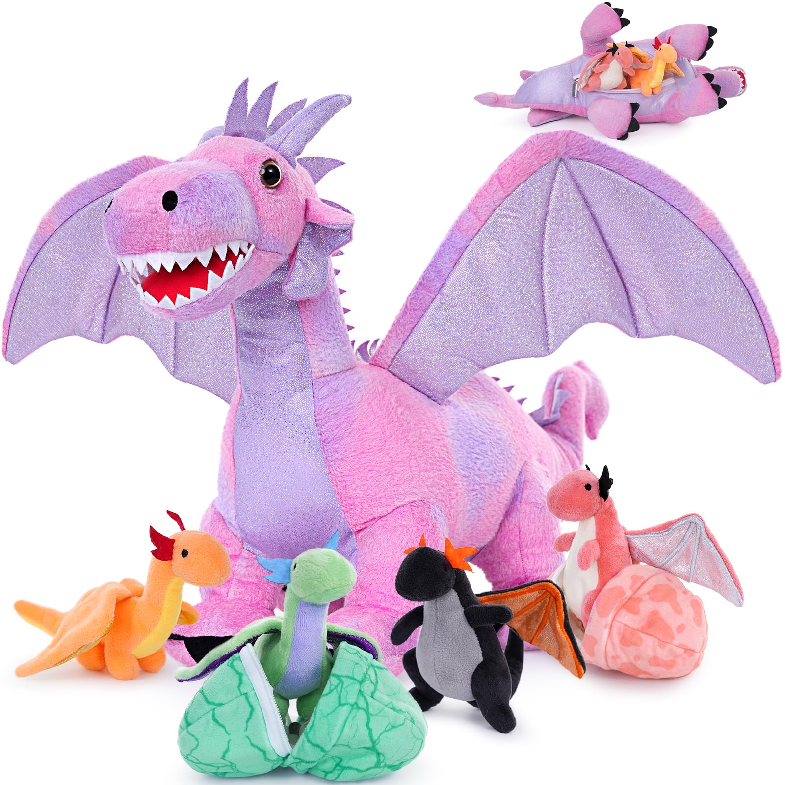 Animais De Pelúcia Muiteiur Dragon 55 Cm Com 4 Brinquedos Para Bebês E 2 Ovos