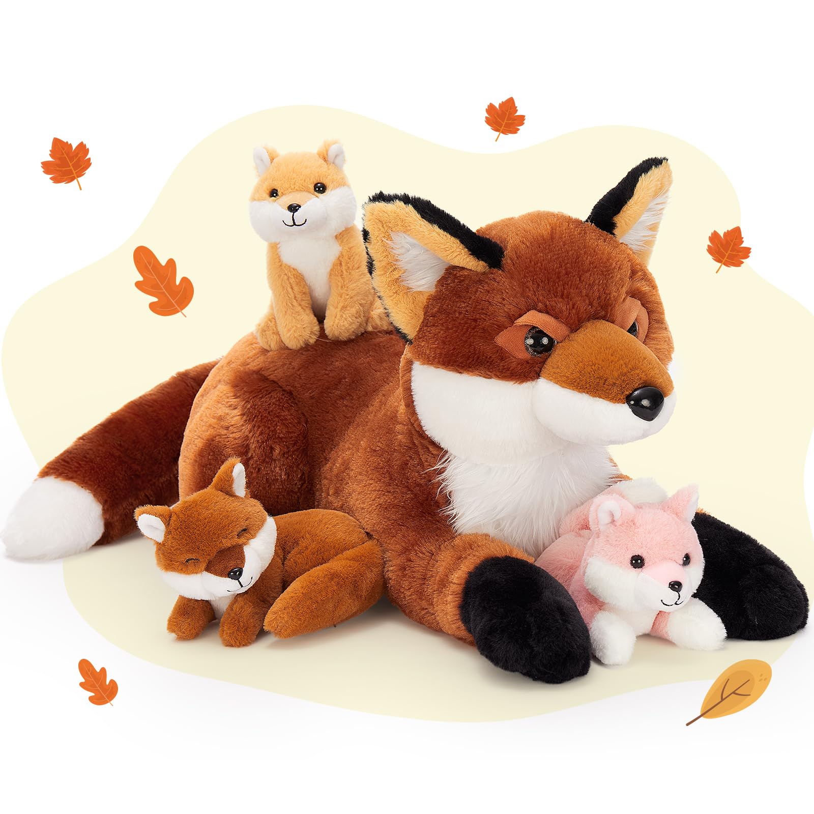 Conjunto De Bichos De Pelúcia Beniny Fox Mommy Com 3 Filhotes De Raposas De 56 Cm