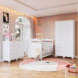 Quarto De Bebê Completo Guarda-roupa 3 Portas Cômoda E Berço Minicama 100% Mdf Nina Espresso Móveis Branco Brilho