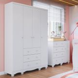 Quarto Infantil Com Guarda-roupa 4 Portas E Cômoda 1 Porta 100% Mdf Mimo Espresso Móveis Branco Brilho