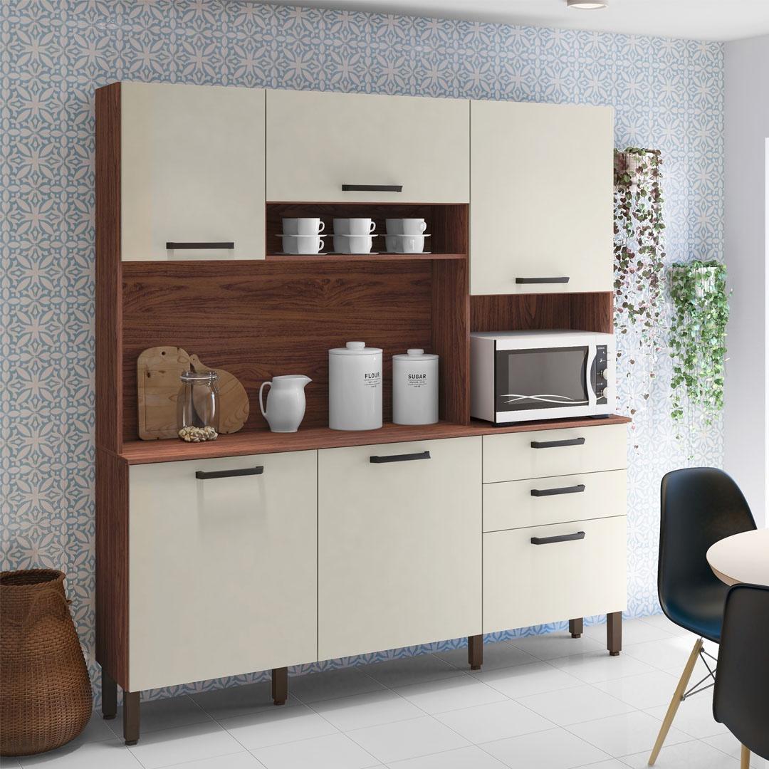 Armario De Cozinha Compacta 6 Portas 2 Gavetas Ferrara - Nogueira/off White