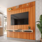 Painel Ripado Horizon Para Tv Até 75 Polegadas Com Nicho 225cm - Cedro E Off White