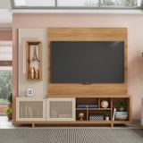 Estante Home Para Tv Até 75 Polegadas Com Espelho 2 Portas 5 Nichos 3 Prateleiras Linus Caemmun Buriti/off White