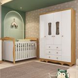 Quarto De Bebê Guarda-roupa 4 Portas Com Janelas E Berço Minicama 100% Mdf Aurora Espresso Móveis Branco Brilho/amêndoa