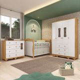 Quarto De Bebê Com Guarda-roupas 4 Portas Cômoda Com Janelas E Berço 100% Mdf Aurora Espresso Móveis Branco Brilho/amêndoa