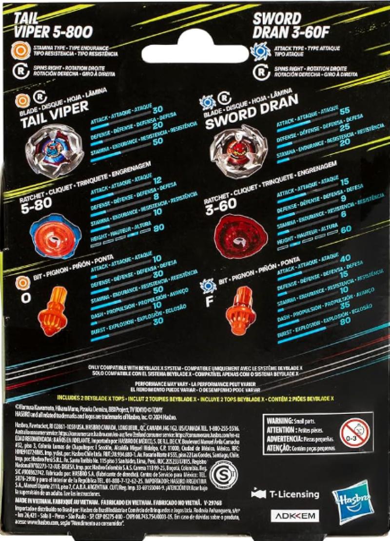 Beyblade X Tail Viper 5-80o E Sword Dran 3-60f Hasbro G0197