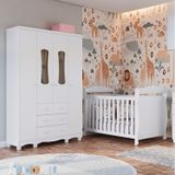 Quarto De Bebê Guarda-roupa 4 Portas Com Janelas E Berço Minicama 100% Mdf Aurora Espresso Móveis Branco Brilho